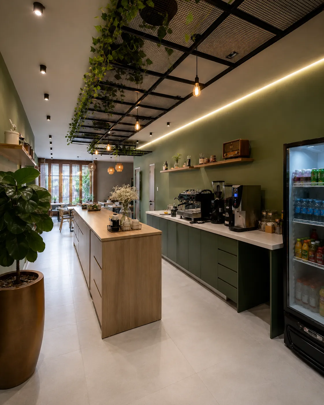 Interior de cafeteria com balcão, plantas e luz quente